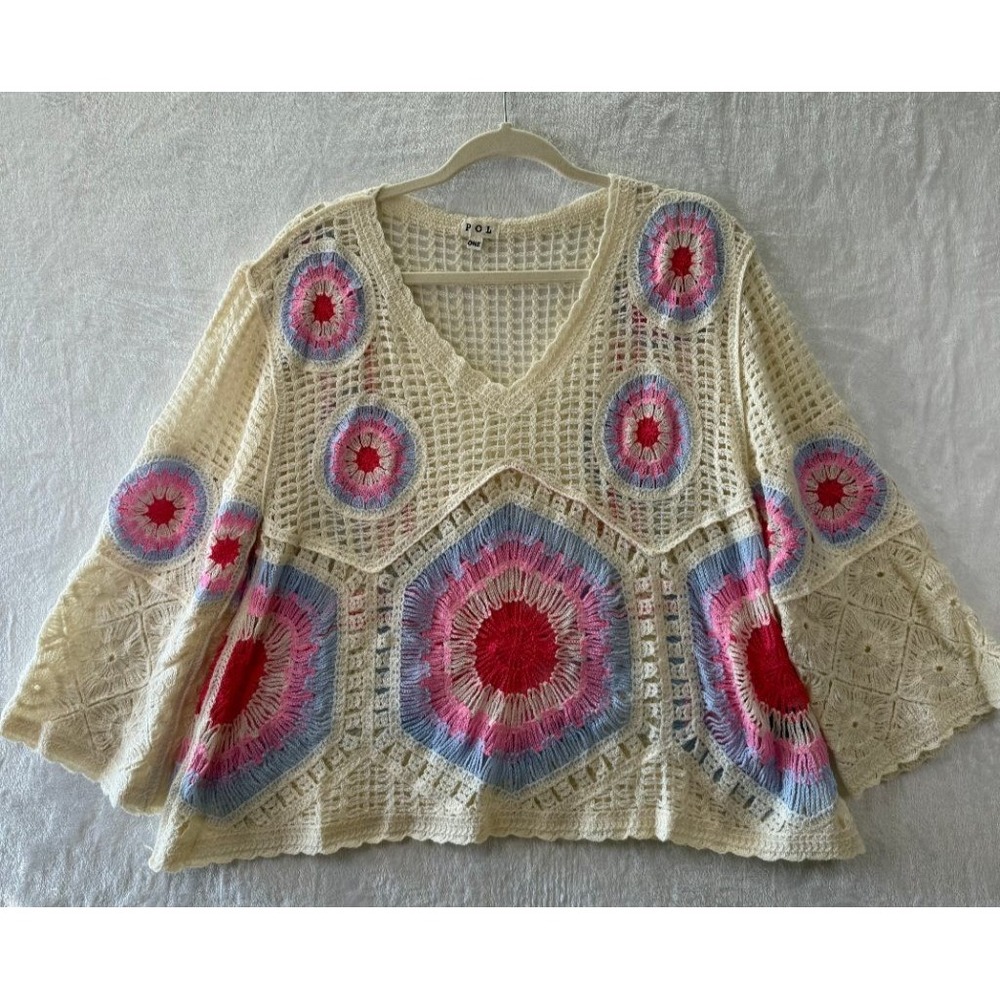 POL Crochet Top Boho Floral Medallion Cream Pink Blue Mesh Bell Sleeve One Size